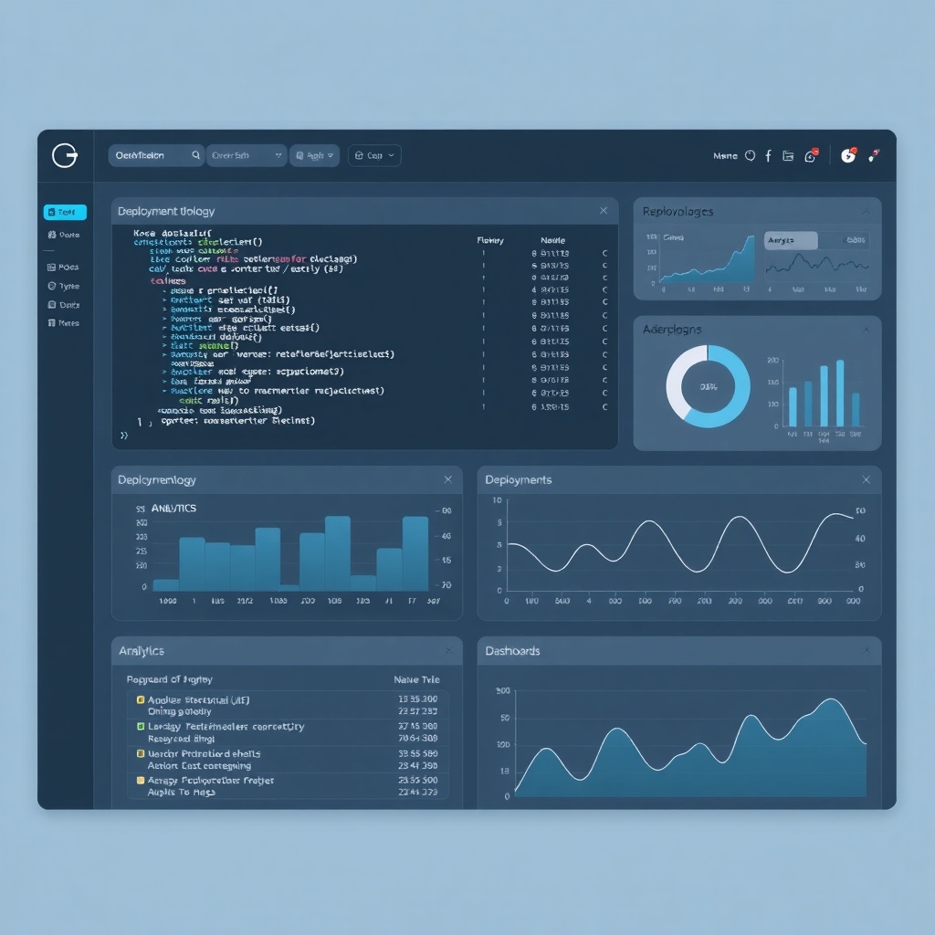 Grid-based dashboard with code snippets, infrastructure topology and analytics charts
